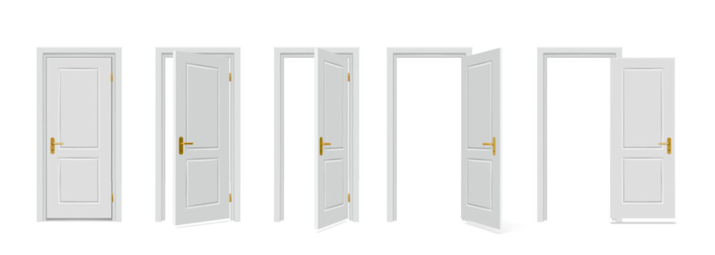 Open door in sequence. 3d white wood house hallway, empty home or apartment front arch. Realistic room lock, keyhole. Building apartment clean architectural isolated element. Vector doorway set