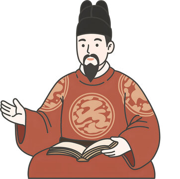 King Sejong the Great sitting with book vector illustration, Joseon Dynasty monarch character icon