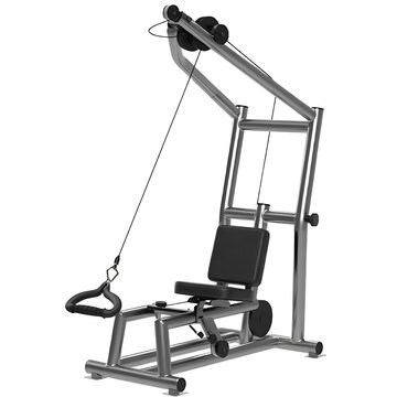 Lat pulldown machine with adjustable cable system and padded seat for back.