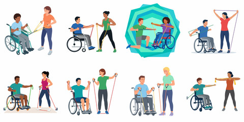 Fototapeta premium Diverse set of flat vector illustrations featuring people in wheelchairs performing resistance band exercises and physical therapy with trainers for rehabilitation and inclusive fitness.