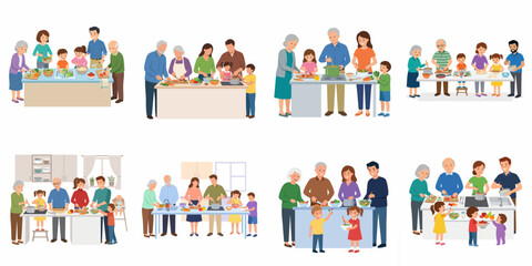 Fototapeta premium Diverse multi-generational families cooking together in various kitchen scenes. Flat vector illustration of grandparents, parents, and children preparing healthy meals at home.