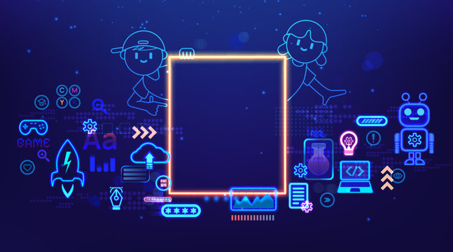 Stem education. Children game code, tech robot science in geek child school. Digital computer program. Glowing neon empty frame. Futuristic digital interface. Vector background