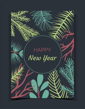 New Year greeting card. Minimal botanical illustration with pine branches and winter leaves, circle frame for text, seasonal holiday celebration and elegant festive design. Vector template