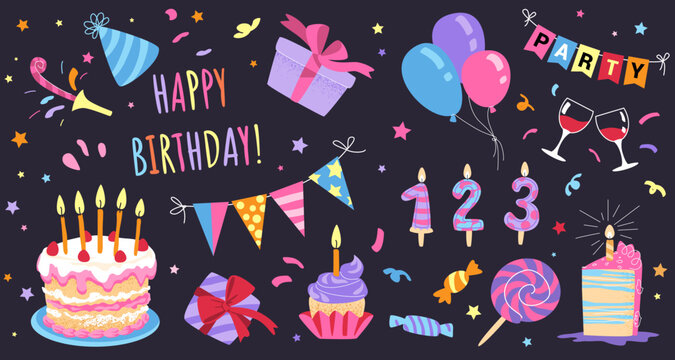Birthday stickers set. Happy party cake, doodle balloon and gift with retro funky confetti, present and candles. Cute groovy candy. Colorful celebration vector graphic cartoon illustration