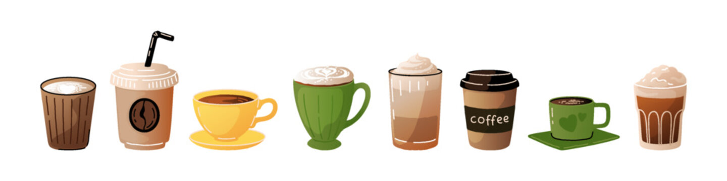 Coffee cup. Ice latte drink, watercolor cafe icons like glass of espresso, cappuccino or americano menu stickers. Takeout beverages with foam. Hot and cold barista espresso menu. Vector set