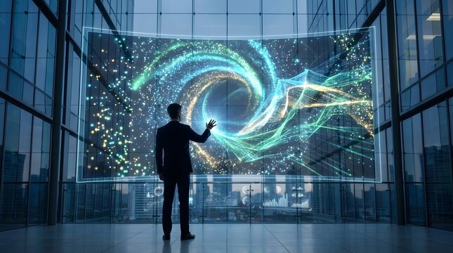 Analyst viewing data stream and digital swirling information on large display screen in office