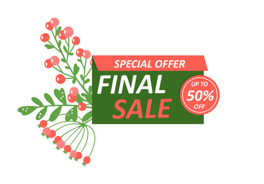 Final sale banner design. Minimal promotional card with botanical berries and discount badge, seasonal retail marketing flyer, special offer message. Vector cartoon isolated illustration