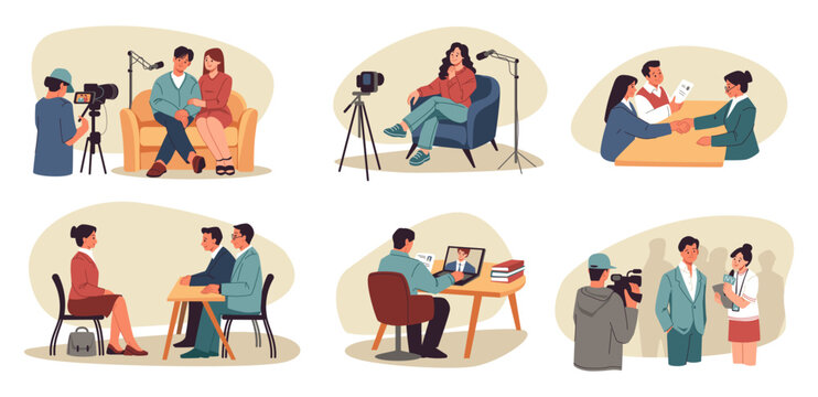 Work interview. Employee people meeting in office, business communication talk with job ceo man or recruitment, videocall with cameras and microphones. Vector cartoon isolated HR concept