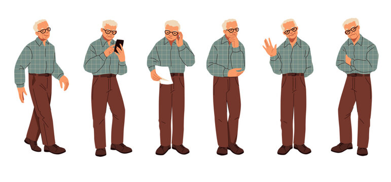 Old man. Senior people character stand worry, retiree or smile. Happy and sad adult grandfather body, male stress emotion or expression, business communication. Vector cartoon isolated set