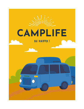 Camping van poster. Minimal banner design. Adventure travel retro vehicle on rural road, outdoor trip lifestyle and vacation transportation. Camper bus. Vector cartoon isolated illustration