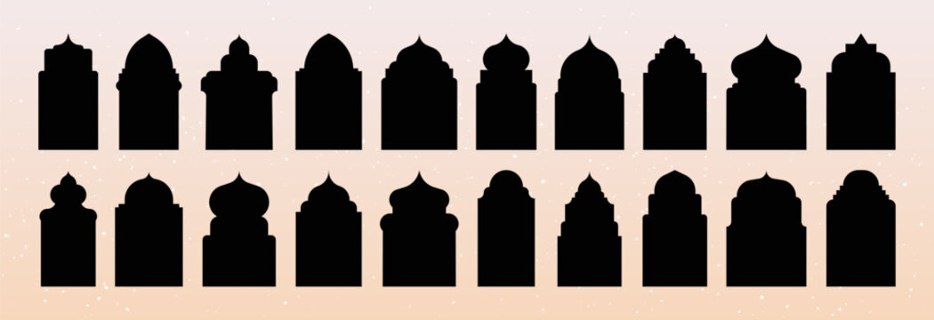 Arab arch. Indian frame shape, middle eastern gate door or architecture ornament border. Islamic traditional mosque exterior window and doorway shapes for oriental design vector silhouette set