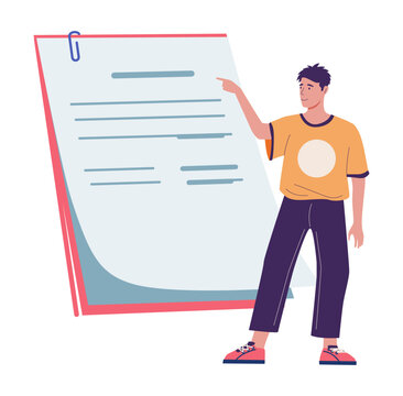 Man pointing at document. Person presenting paper sheet, business documentation, instructions and workplace communication. Review, analysis and planning vector cartoon isolated illustration