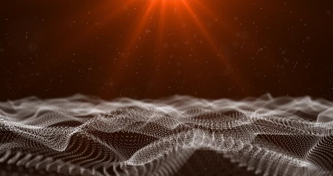 Camera advances continuously over blue wireframe ocean waves with glistening node points. Top volumetric light shines through dust particles into deep digital water.