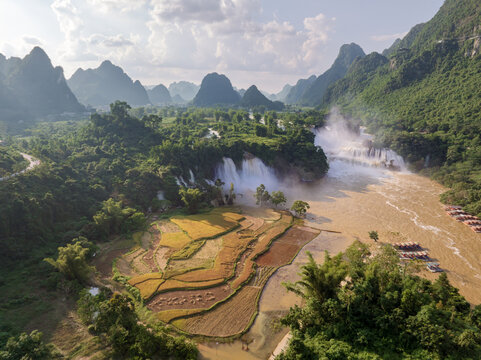 Aerial View of Ban Gioc Waterfall and Rice Fields in Vietnam