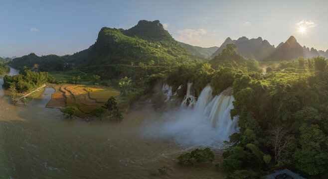 Aerial Panorama of Ban Gioc Waterfall in Vietnam