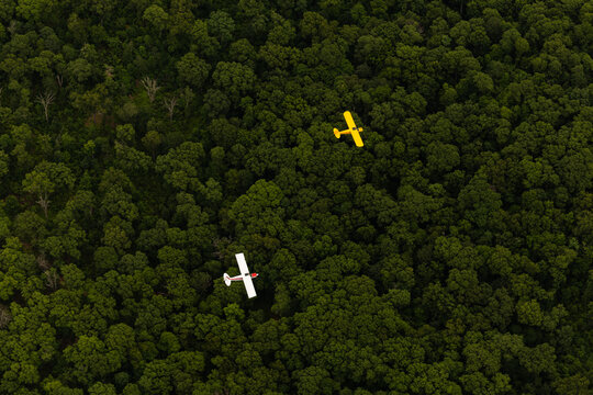 A small plane flies in the sky