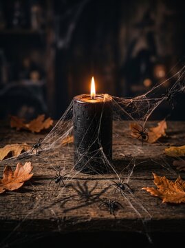Burning black candle surrounded by spider webs, spiders and autumn leaves creating a mysterious Halloween atmosphere.