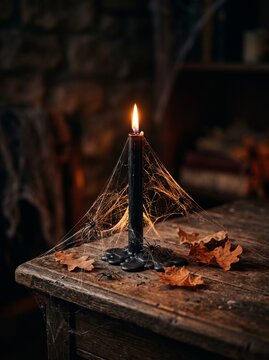 Burning black candle surrounded by spider webs, spiders and autumn leaves creating a mysterious Halloween atmosphere.