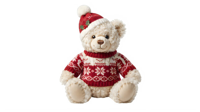 Cute fluffy teddy bear wearing a red christmas sweater and matching winter hat for the holidays