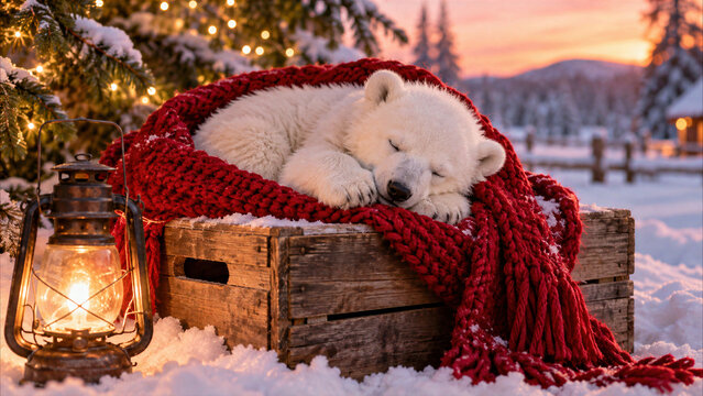 Sleeping polar bear cub wrapped in a red blanket