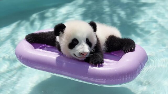Panda cub reclining on a lilac float, bright pool glimmer, cheerful summer ease, clean highlights and clear contours