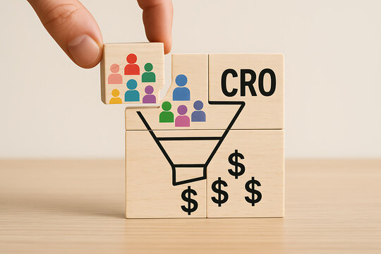 Wooden blocks depicting a funnel with people and currency representing conversion rate optimization