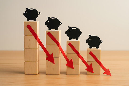 Descending Piggy Banks And Red Arrows Illustrate Economic Decline On Wooden Blocks