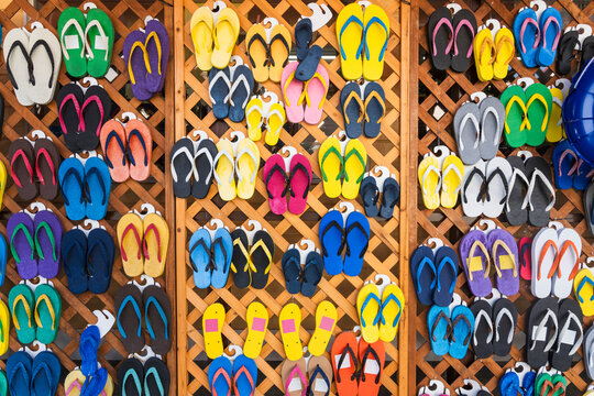 Colorful Flip Flops Sandals Displayed at Beach Shop