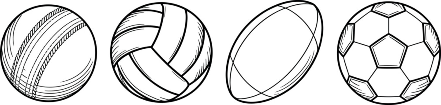 Set of hand drawn sports balls vector illustrations including cricket volleyball rugby and soccer balls