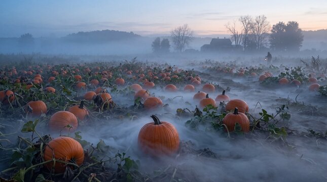 Foggy pumpkin patch field for spooky halloween background