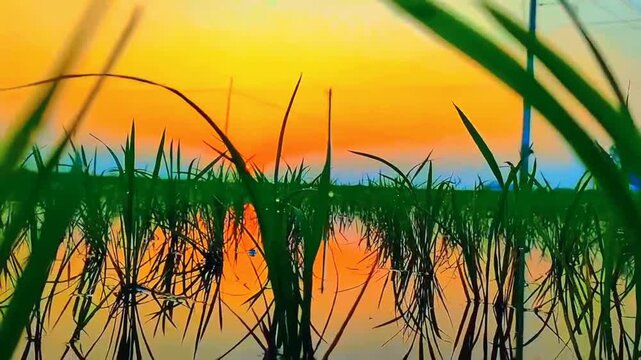 Rice field at golden hour sunset illustration vector