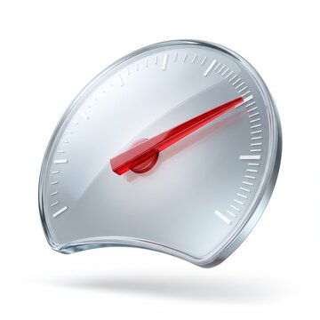 Modern chrome speedometer with red needle, sleek automotive gauge icon, high speed performance dashboard dial on white background
