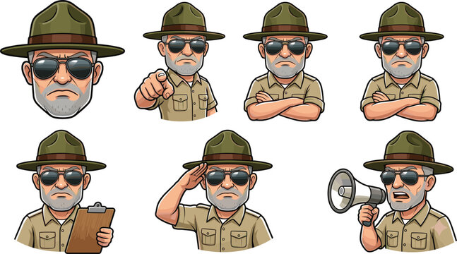 Vector park ranger and army drill sergeant mascot set containing cute cartoon character posing with megaphone clipboard and salute collection