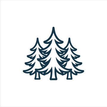 Pine tree forest vector icon isolated on white background, Minimalist pine trees line art logo design element, Black and white evergreen forest vector illustration for branding, Pine tree line art sil