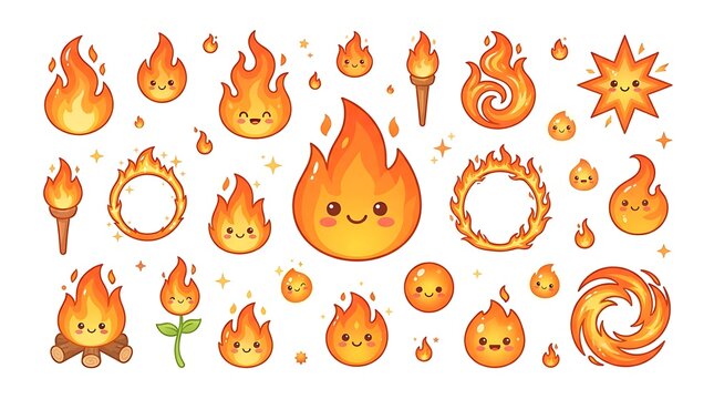 Set of cute kawaii fire flame characters with happy faces on white background
