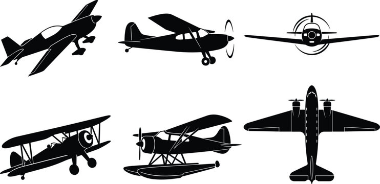 Vector propeller light airplane black silhouette icon set containing monoplane biplane seaplane and retro classic aviation transportation collection