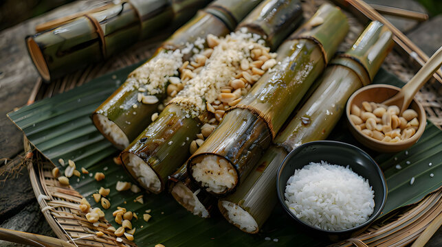 Traditional Vietnamese com lam sticky rice cooked inside bamboo tubes served on banana leaves