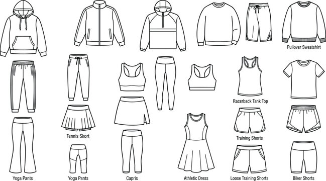 Activewear and Sportswear Clothing Line Icon Set featuring Hoodies Sweatpants Sports Bras Leggings Shorts and Athletic Dress Vector Outline Fashion Flats