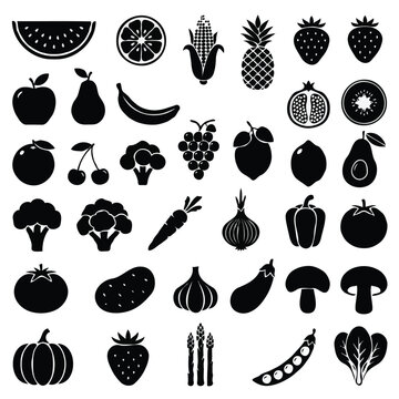 Black Silhouettes Set of Fresh Fruits and Vegetables Icons