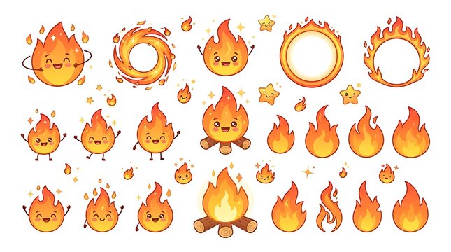 Set of cute cartoon fire flame icons with happy faces on white background