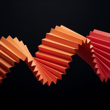 Abstract pleated paper sculpture, orange and red accordion fold wave, geometric paper art on black background