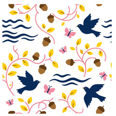 Fototapeta premium Pattern with birds, butterflies, acorns, and leaves