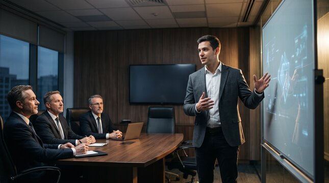 Confident young entrepreneur presenting a project on an interactive glass display to a board of executive investors in a dark modern boardroom, depicting business pitch and startup funding