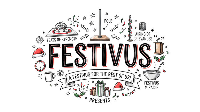 Festivus lettering banner with hand drawn aluminum pole feats of strength and pop culture holiday doodles