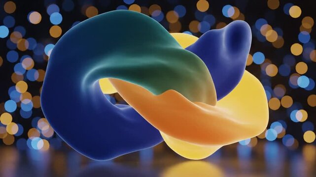 Abstract fluid shapes with vibrant colors flowing and rotating against a bokeh background.