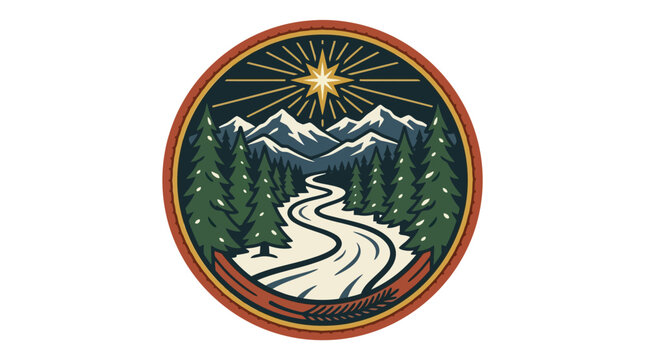 Circular mountain landscape emblem with river and pine forest.