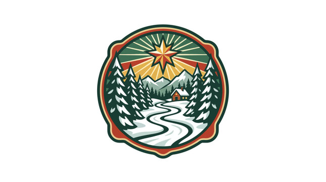 Shield shaped mountain badge with river and gold star.