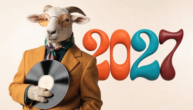 Vintage sheep in mustard jacket holding vinyl record with 70s 2027 text