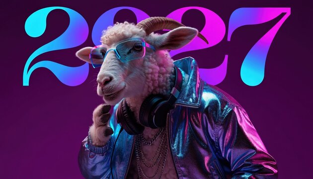 Cool DJ sheep wearing metallic jacket and glasses in neon 2027 light