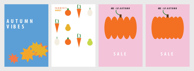 Fototapeta premium Collection of Minimalist Autumn Seasonal Greeting Cards Featuring Pumpkins and Harvest Vegetable Illustrations in Vibrant Pastel Colors